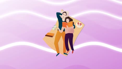Animation-of-illustration-of-happy-couple-lying-on-picnic-blanket-reading,-on-pink-background
