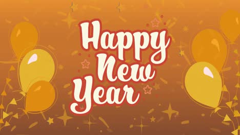 Animation-of-happy-new-year-text-in-cream-and-red,-with-yellow-balloons-on-orange-background
