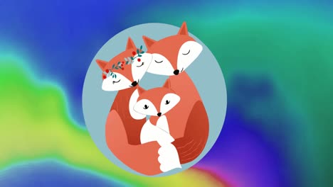 Animation-of-illustration-of-happy-fox-parents-embracing-cub,-on-abstract-blue-and-green-background