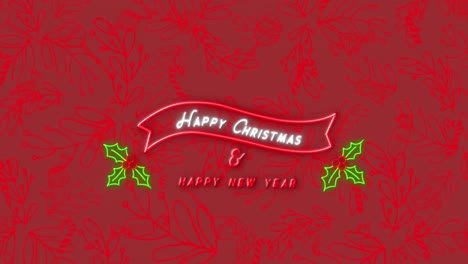 Animation-of-neon-christmas-greetings-over-decoration-and-pattern-on-red-background