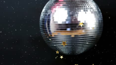 Animation-of-stars-floating-over-disco-ball-on-black-background