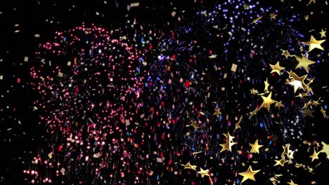 Animation-of-stars-floating-over-confetti-and-fireworks-on-black-background