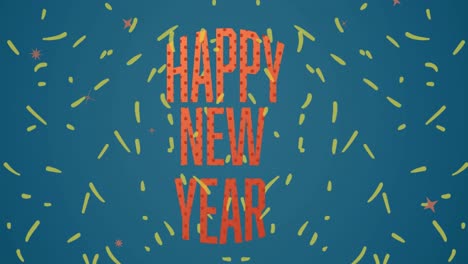 Animation-of-happy-new-year-text-in-red,-with-yellow-confetti-falling-on-blue-background