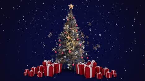 Animation-of-snow-falling-over-christmas-tree-and-presents