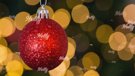 Animation-of-holly-text-in-repetition-over-christmas-bauble-on-black-background
