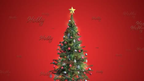 Animation-of-holly-text-in-repetition-over-christmas-tree