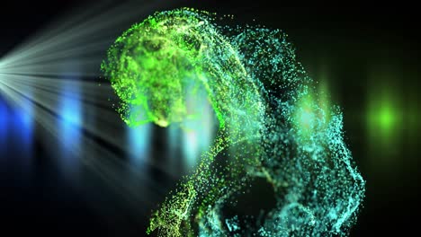 Animation-of-green-and-blue-particles-in-white-light-beam-and-blue-lights-on-black-background