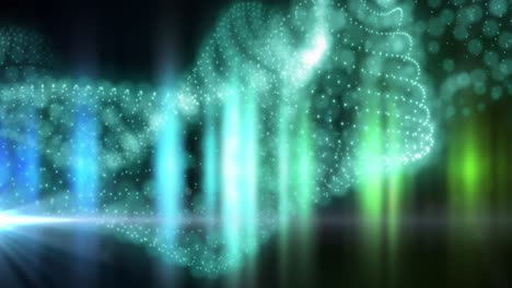 Animation-Einer-Leuchtend-Blauen-Partikelform-Mit-Blauen-Und-Grünen-Lichtern-Auf-Schwarzem-Hintergrund