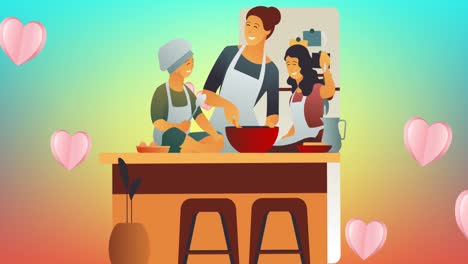 Animation-of-illustration-of-happy-mother-cooking-with-son-and-daughter,-with-pink-hearts