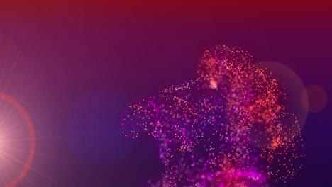 Animation-of-pink-and-red-particle-cloud-and-red-light-moving-on-purple-background