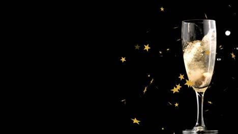 Animation-of-stars-floating-over-glass-of-champagne-on-black-background