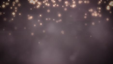 Animation-of-christmas-snowflakes-falling-over-smoke-and-bokeh-lights-on-black-background