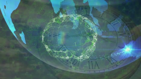 Animation-of-globe-and-digital-brain-over-moving-clock