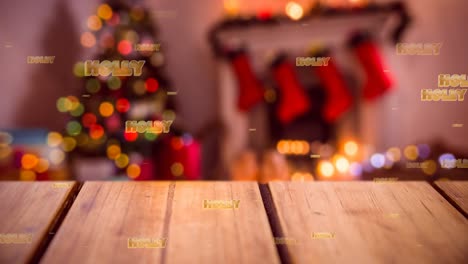 Animation-of-holly-text-in-repetition-over-christmas-tree