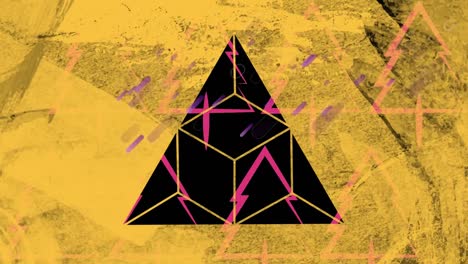 Animation-of-purple-fireworks-and-triangle-cut-outs-in-dirty-yellow-paper,-over-pink-christmas-trees