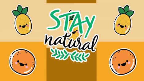 Animation-of-illustration-with-stay-natural-text-over-pineapples-and-oranges-with-smiling-faces