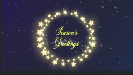 Animation-of-season's-greetings-text-in-circle-of-glowing-star-christmas-lights-and-snow,-on-black