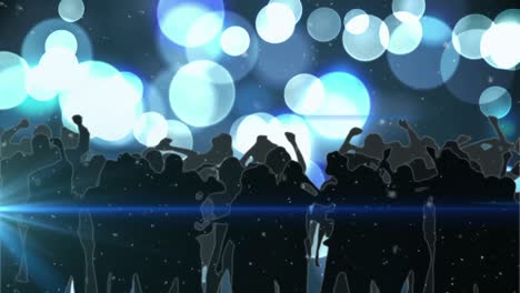 Animation-of-dancing-crowd-with-white-and-blue-bokeh-light-spots