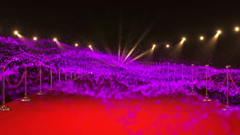 Animation-of-purple-particles-moving-over-red-carpet-venue-with-spotlights