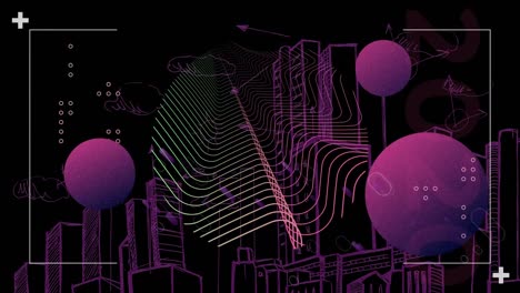 Animation-of-fireworks-over-purple-spheres-and-parallel-lines-over-purple-buildings-on-black