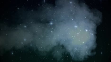 Animation-of-christmas-stars-moving-over-smoke-and-bokeh-lights-on-black-background