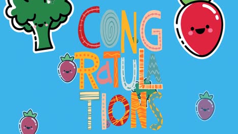 Animation-of-illustration-with-congratulations-text-over-fruit-and-vegetables-with-smiling-faces