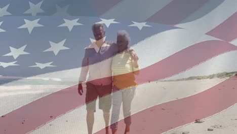Animation-of-happy-senior-caucasian-couple-embracing-on-beach-over-flag-of-united-states-of-america