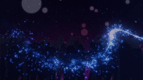 Animation-Von-Blauem-Feuerwerk-Und-Lichtflecken-über-Der-Tanzenden-Menge