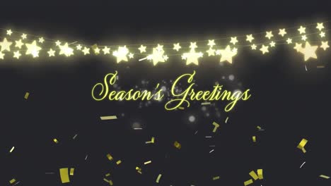 Animation-of-season's-greetings-text-with-string-of-star-fairy-lights-and-gold-confetti,-on-black