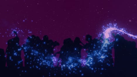 Animation-of-pink-firework-over-dancing-crowd-on-purple-background