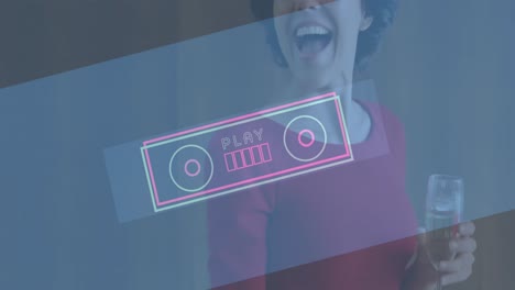 Animation-of-neon-play-text-ion-retro-tape-recorder-over-smiling-woman-dancing