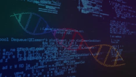 Animation-of-processing-blue-data-and-colourful-dna-helix-rotating-on-dark-screen