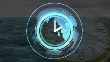Animation-of-moving-clocks-over-globe-and-sea