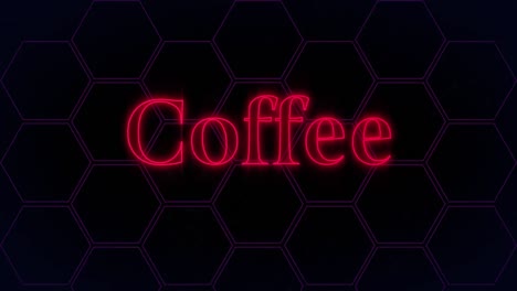 Animation-of-coffee-text-in-red-neon-and-glowing-green-network,-over-purple-hexagon-grid-on-black