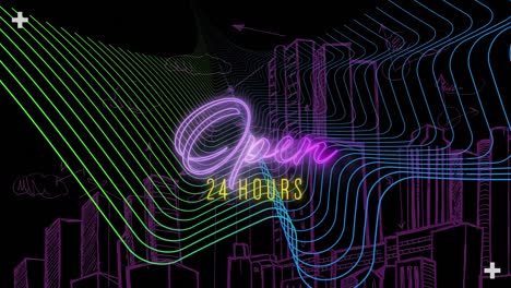 Animation-of-open-24-hours-text-in-pink-neon-over-colourful-parallel-lines-and-purple-city-on-black