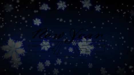 Animation-of-happy-new-year-greetings-over-decoration-and-snow-falling-in-background