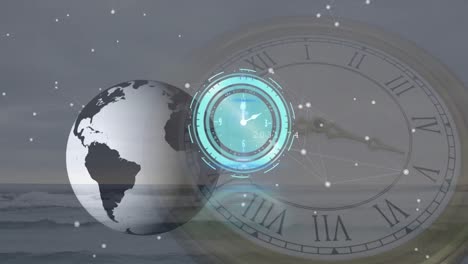 Animation-of-moving-clocks-over-globe,-network-of-connections-and-sea