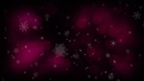 Animation-Von-Weihnachtsschneeflocken,-Die-über-Bokeh-Rotlichter-Auf-Schwarzem-Hintergrund-Fallen