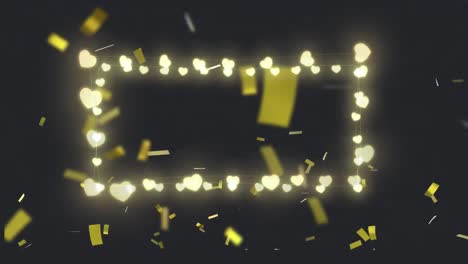 Animation-of-frame-of-glowing-heart-christmas-fairy-lights-over-gold-confetti,-on-black