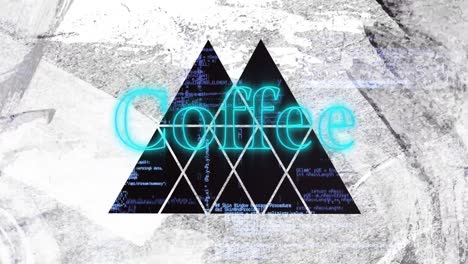 Animation-of-coffee-text-in-blue-and-triangle-cut-outs-in-dirty-white-paper,-over-processing-data