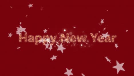 Animation-Eines-Frohen-Neujahrstextes-In-Gold,-Mit-Weißen-Sternen-Und-Feuerwerk-Auf-Rotem-Hintergrund