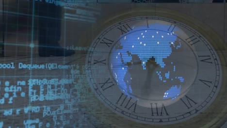 Animation-of-yellow-lines-over-data-processing,-globe-and-moving-clock