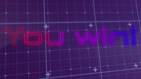 Animation-of-you-win-text-in-colourful-neon,-with-parallel-white-line-curves-over-digital-grid