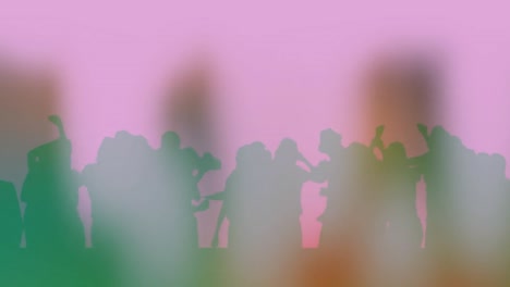 Animation-of-smokey-silhouettes-of-dancing-crowd-with-dry-ice-and-pink-background