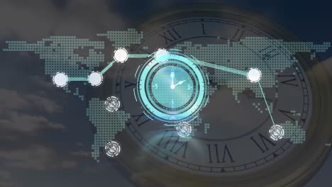 Animation-of-moving-clock-over-network-of-connections-and-world-map