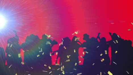 Animation-of-gold-confetti-falling-on-dancing-crowd-with-flashing-spotlight-and-red-background