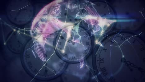 Animation-of-globe-and-networks-of-connections-over-moving-clocks