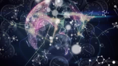 Animation-of-network-of-connections,-molecules-and-globe-over-moving-clocks