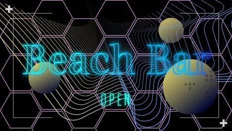 Animation-of-beach-bar-text-in-blue-neon,-spheres-and-parallel-lines-over-lilac-hexagon-grid