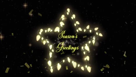 Animation-of-christmas-greetings-over-fairy-lights-frame-and-confetti-falling-in-background